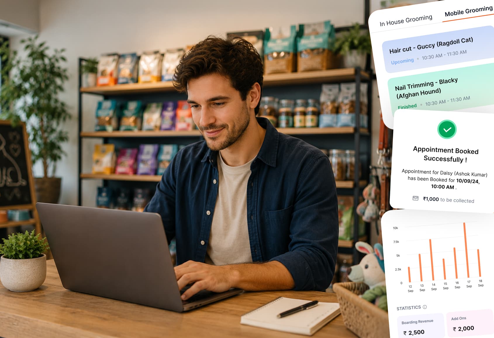 Pet store owner using Happy Pet Tech software to manage appointments