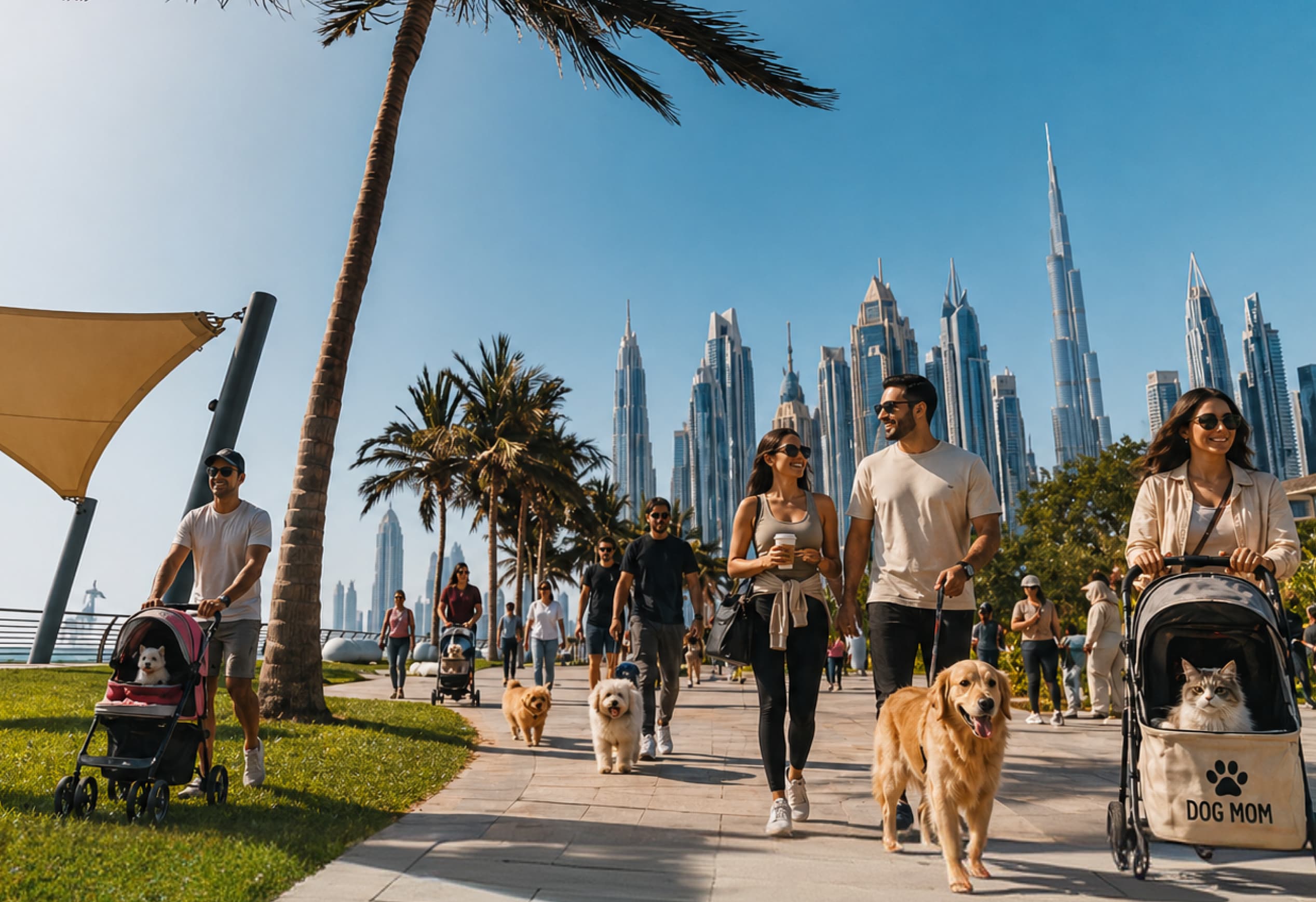 pet parents with their pets walking in a park