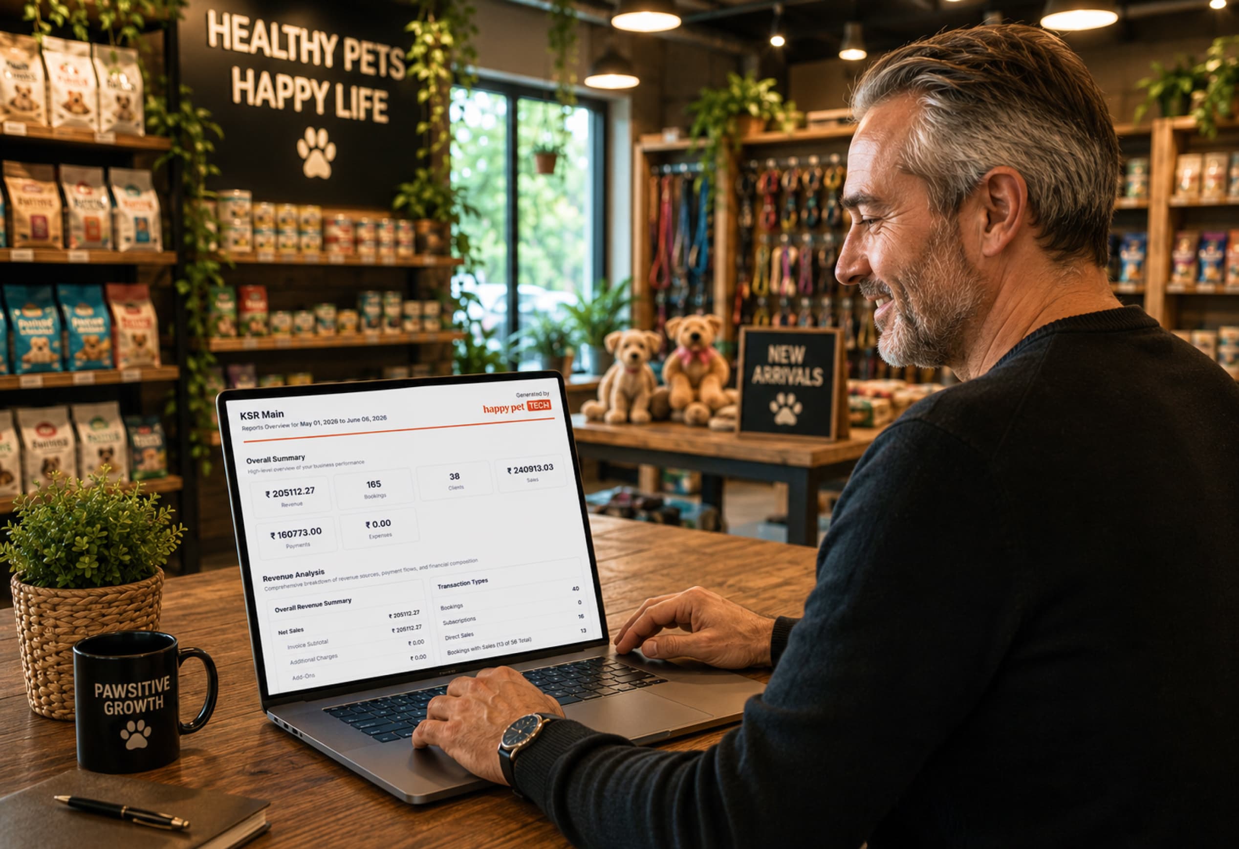 A pet business owner reviewing the Business Overview Report on Happy Pet Tech